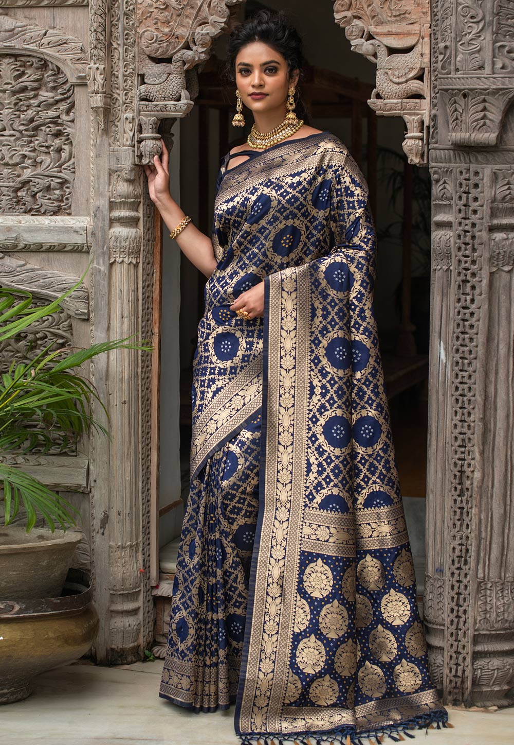Navy Blue Banarasi Silk Saree With Blouse 234894
