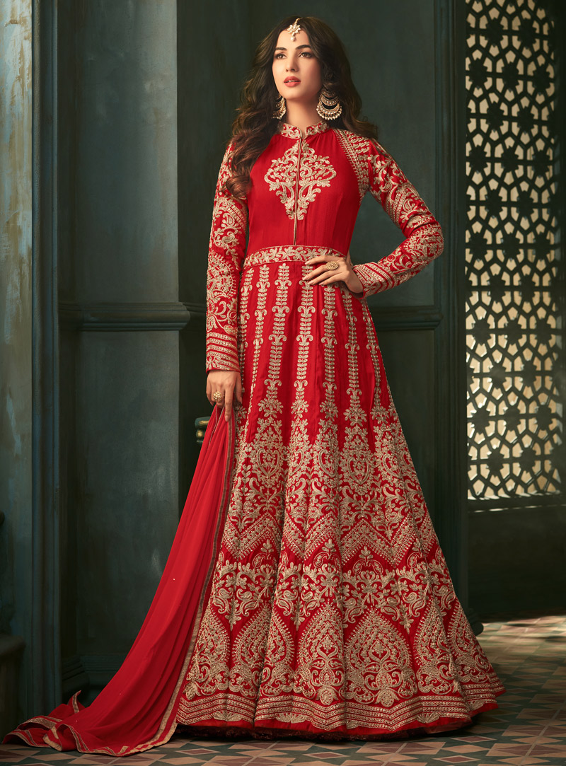 Sonal Chauhan Red Silk Long Anarkali Suit 121837