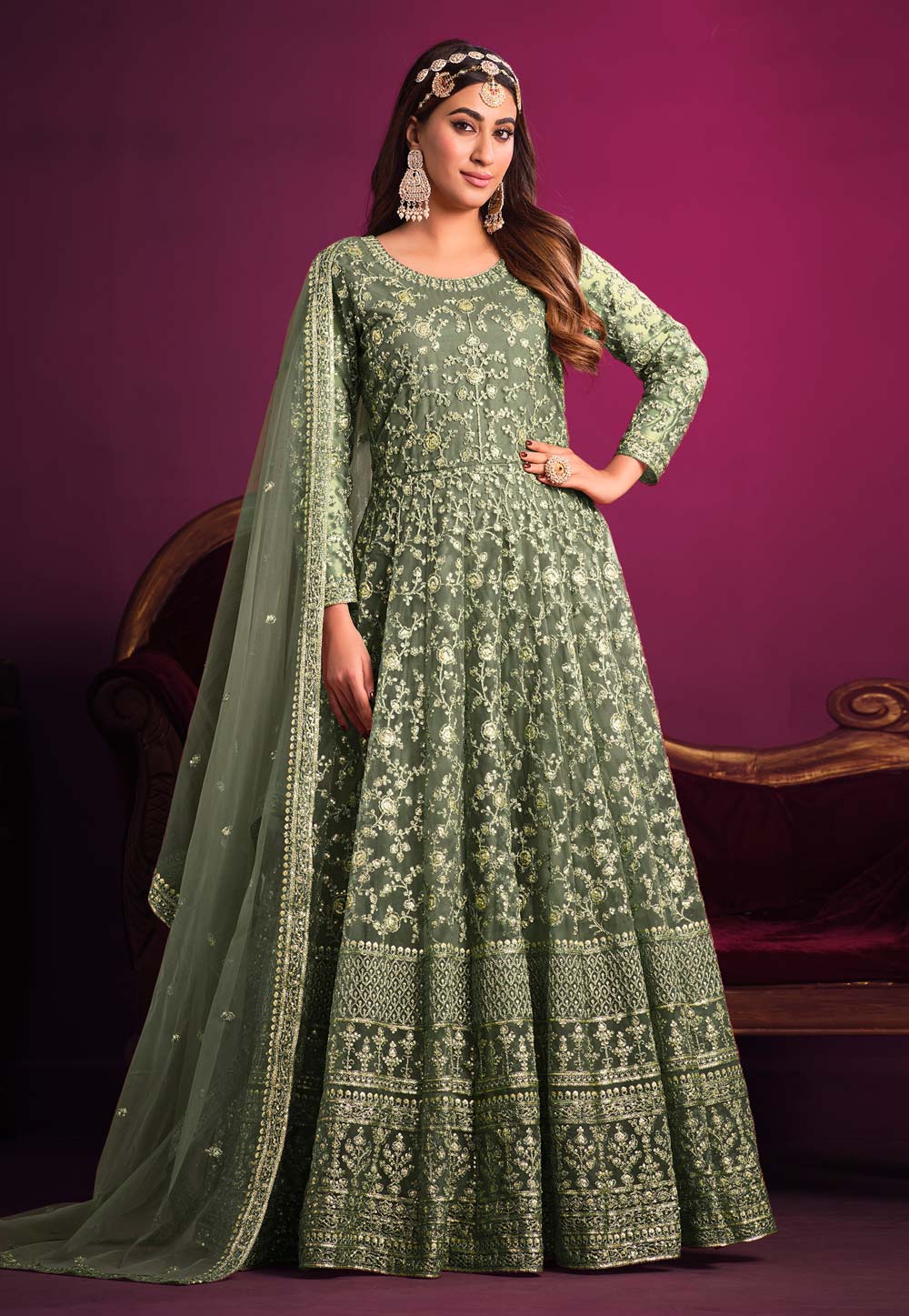 Green Net Embroidered Abaya Style Anarkali Suit 260124