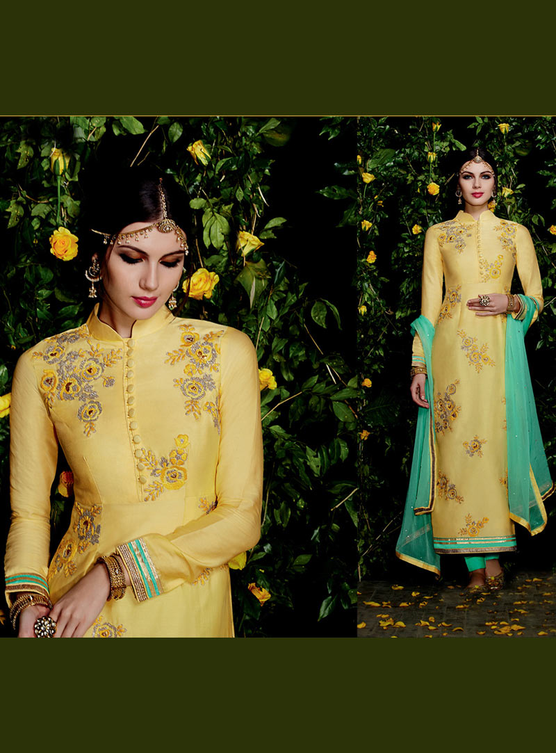 Yellow Cotton Satin Pakistani Style Suit 56719