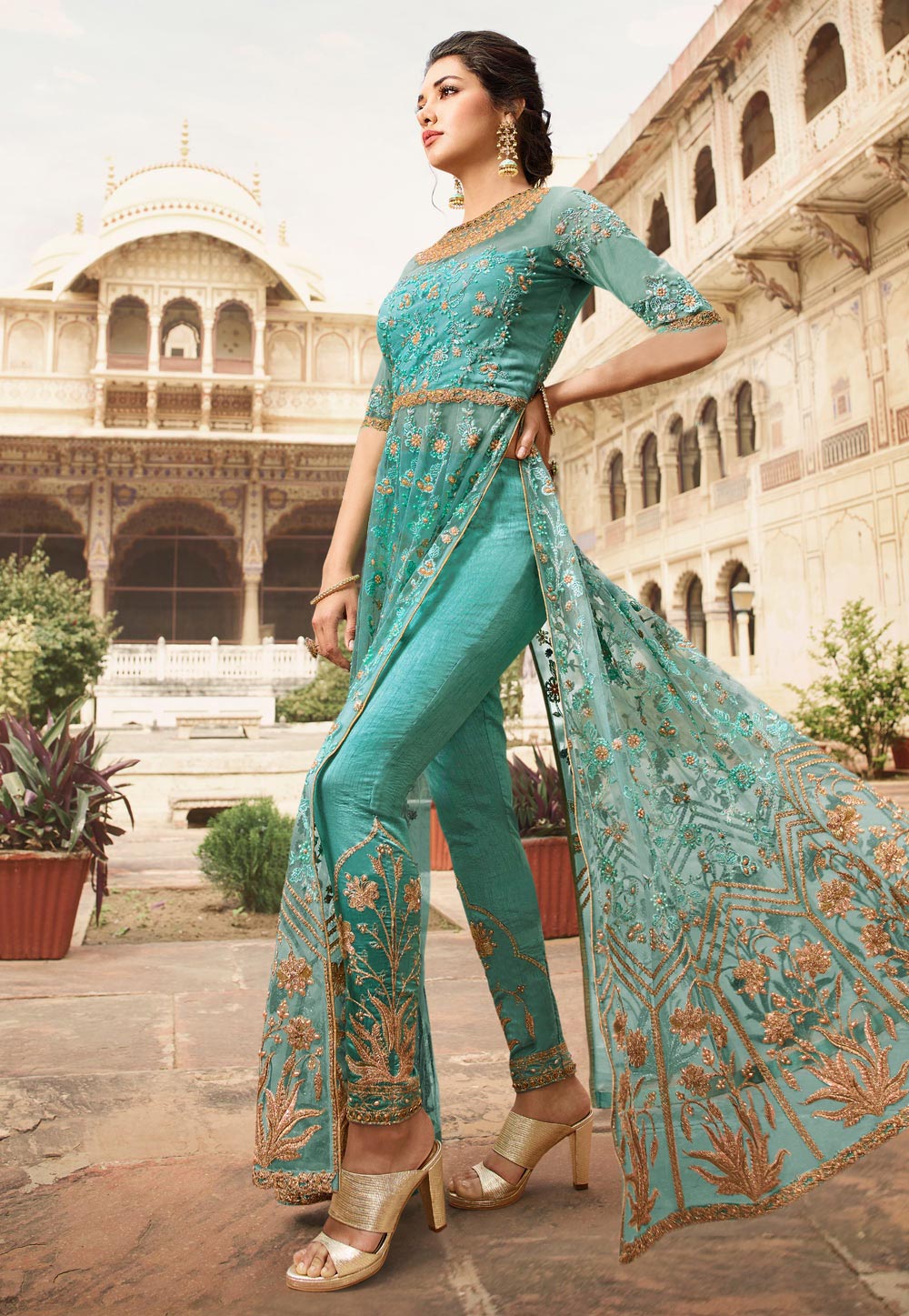 Sea Green Banglori Silk Embroidered Pant Style Suit 164811