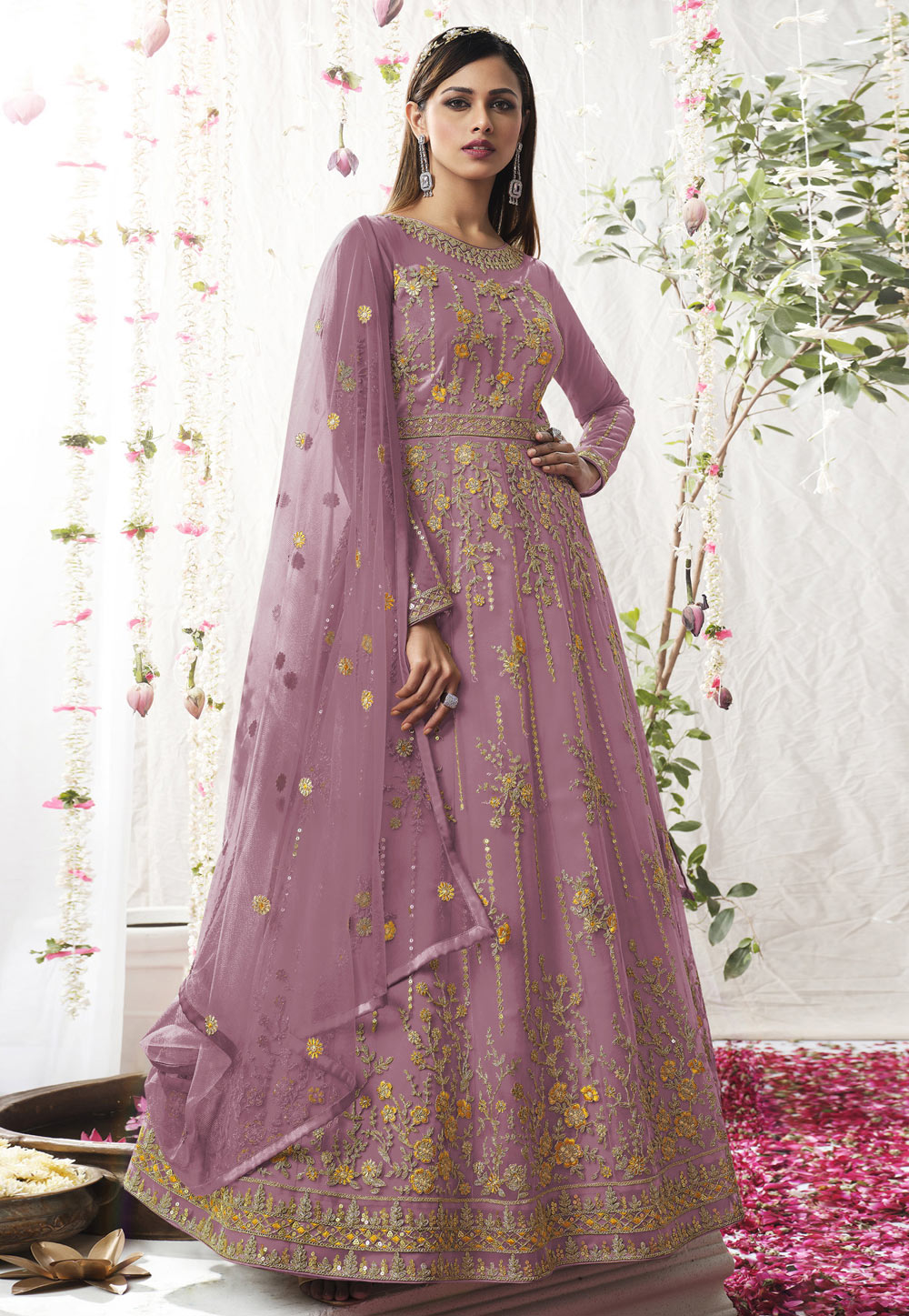 Pink Net Long Anarkali Suit 255041