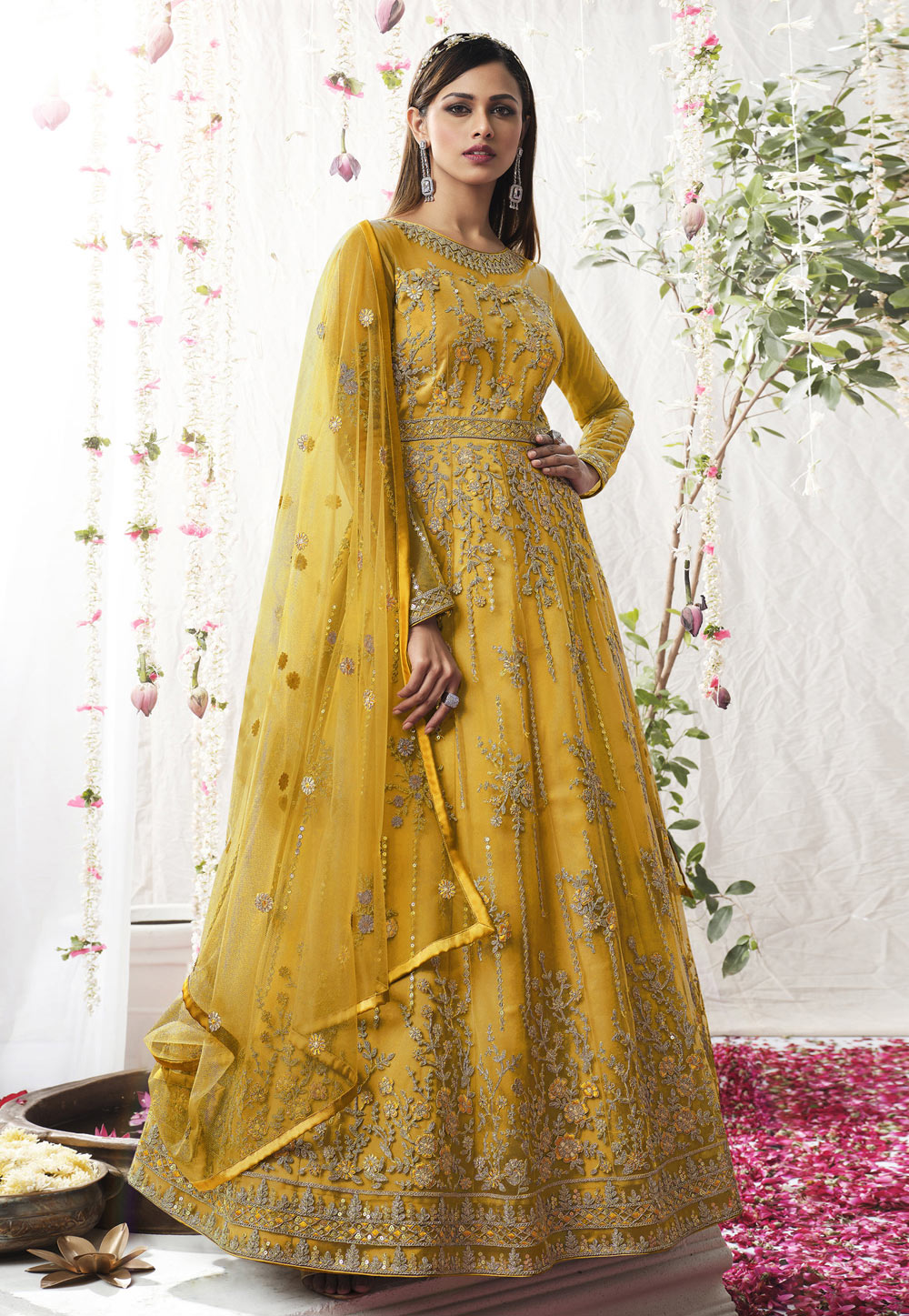 Yellow Net Abaya Style Anarkali Suit 255042