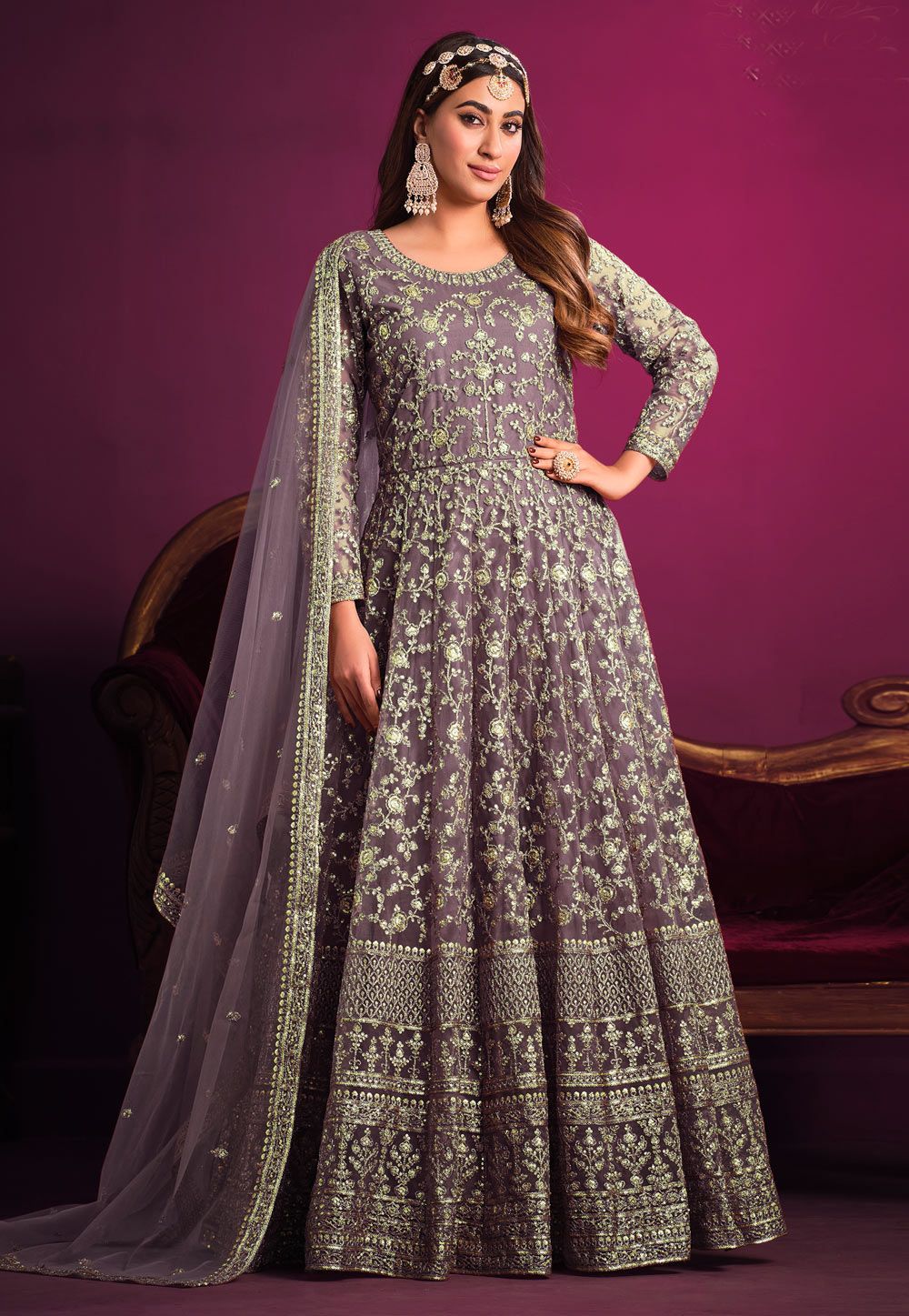 Light Purple Net Embroidered Long Anarkali Suit 260125
