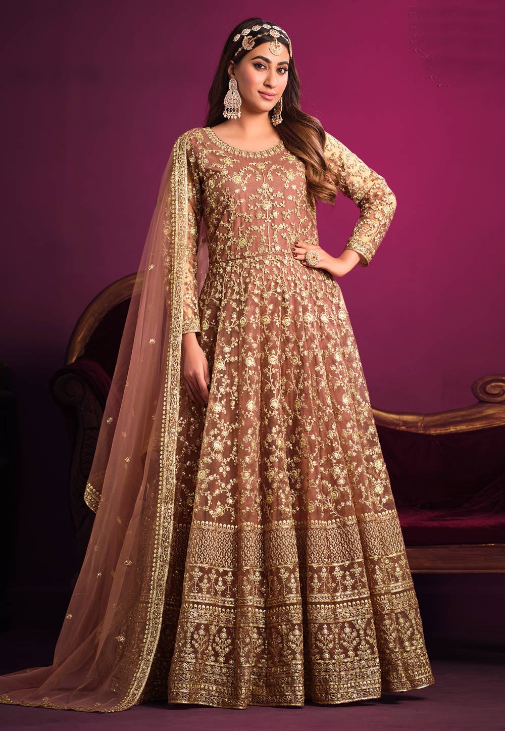 Golden Net Embroidered Abaya Style Anarkali Suit 260126