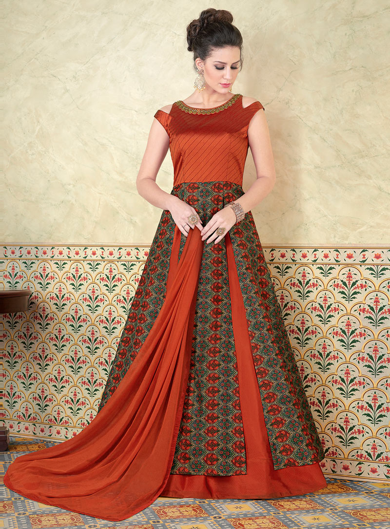 Rust Tussar Silk Floor Length Anarkali Suit 107759