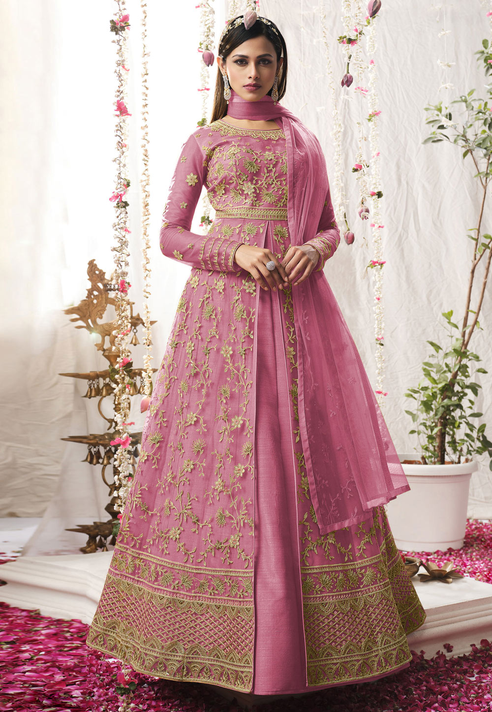Pink Net Abaya Style Anarkali Suit 247141