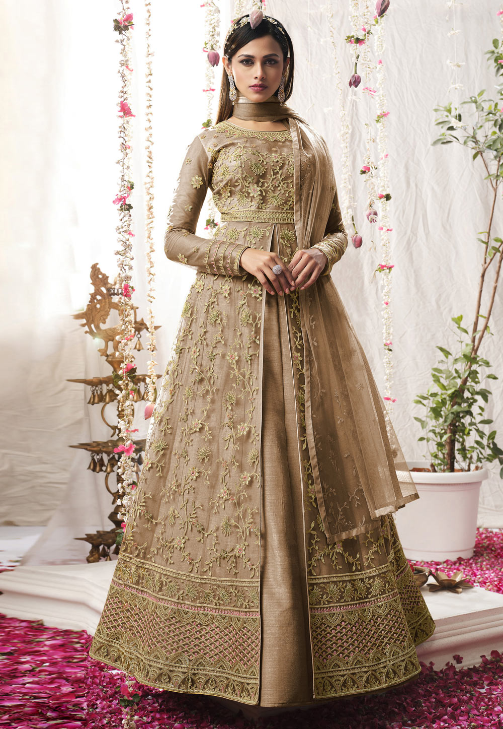 Brown Net Abaya Style Anarkali Suit 247143