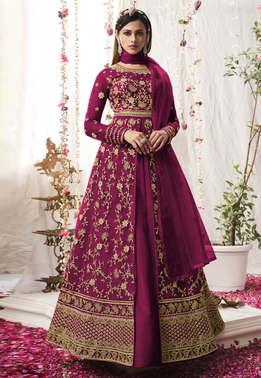 Magenta Net Abaya Style Anarkali Suit 247145