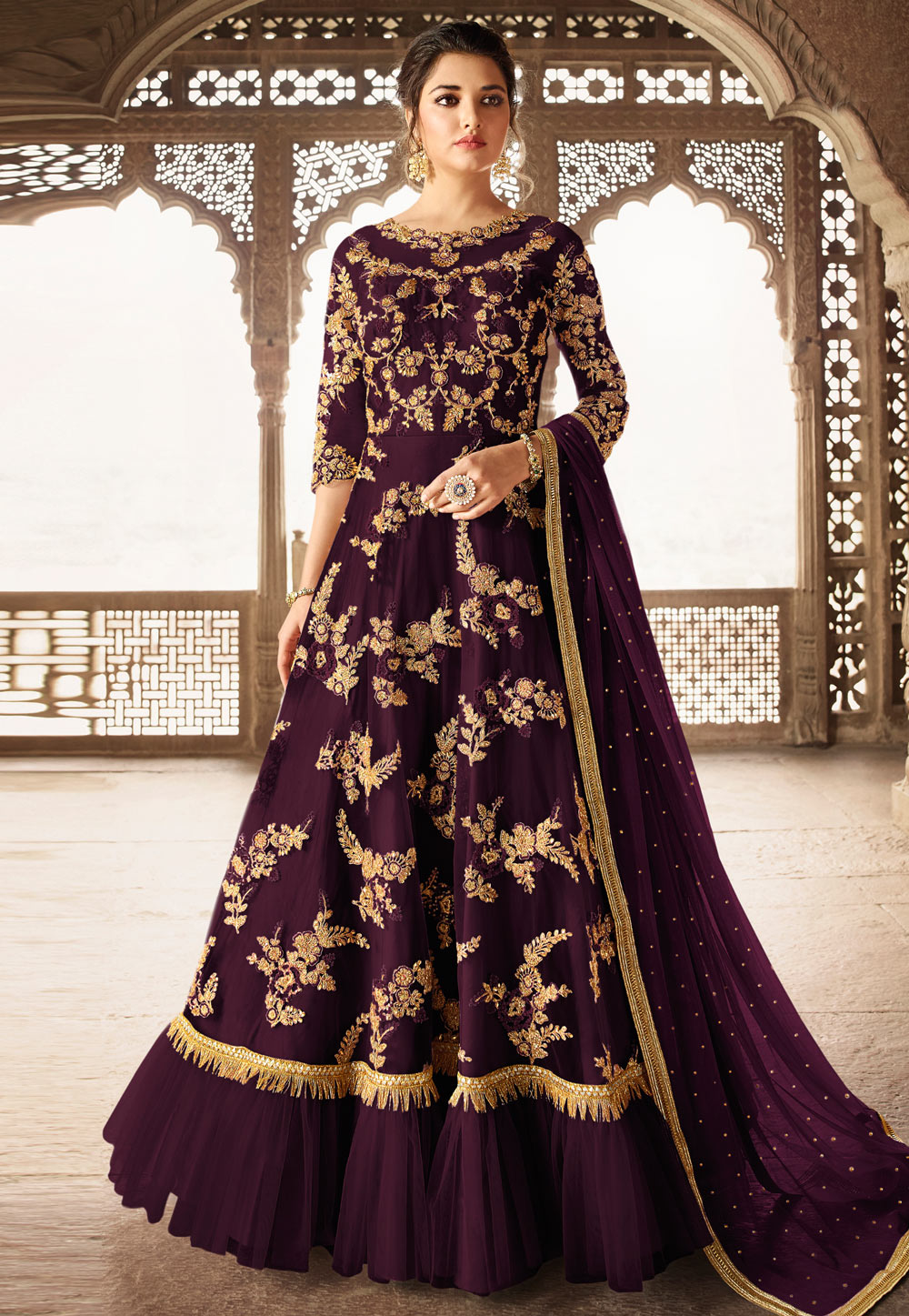 Purple Net Embroidered Long Anarkali Suit 174963