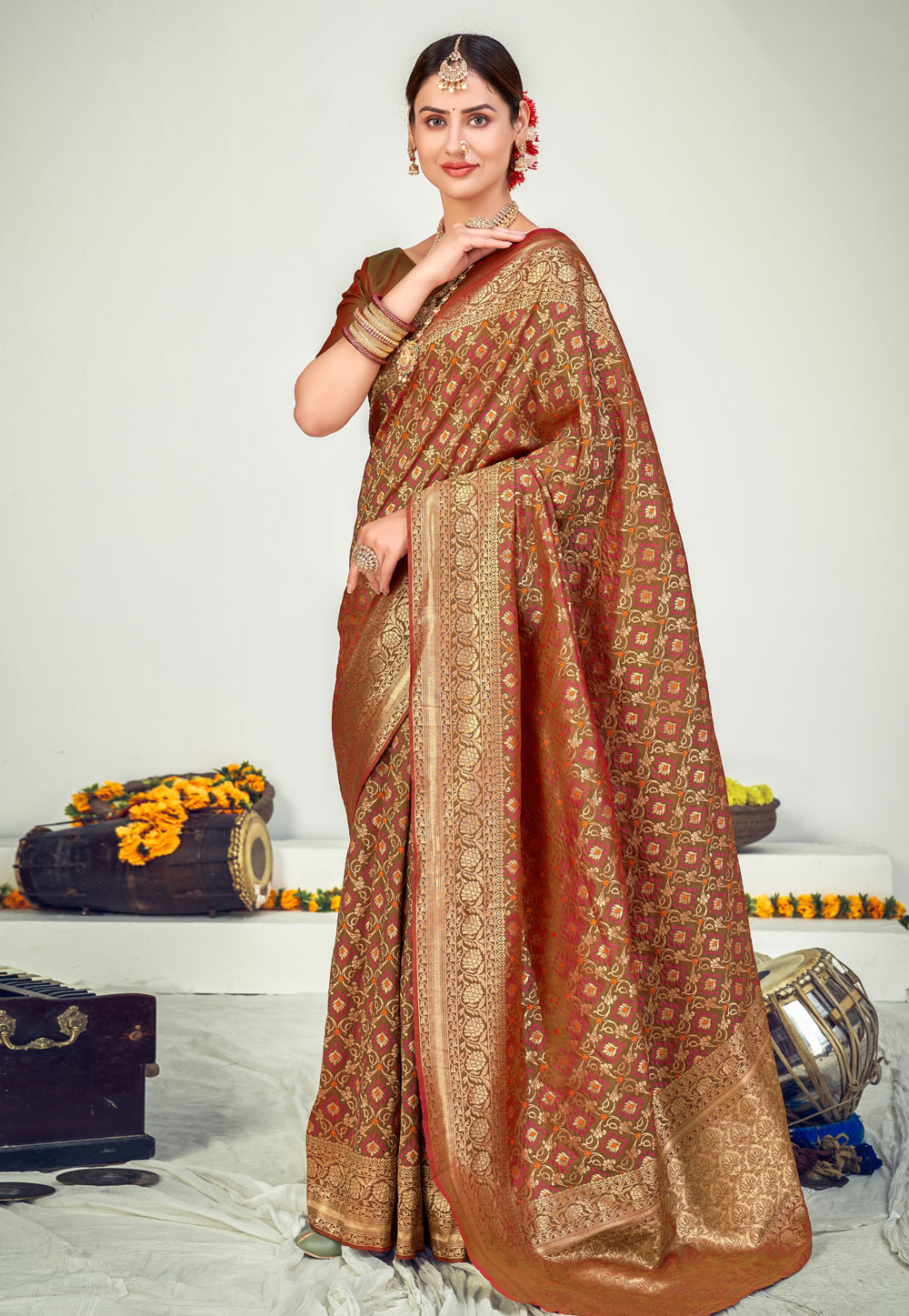 Brown Banarasi Silk Festival Wear Saree 232544