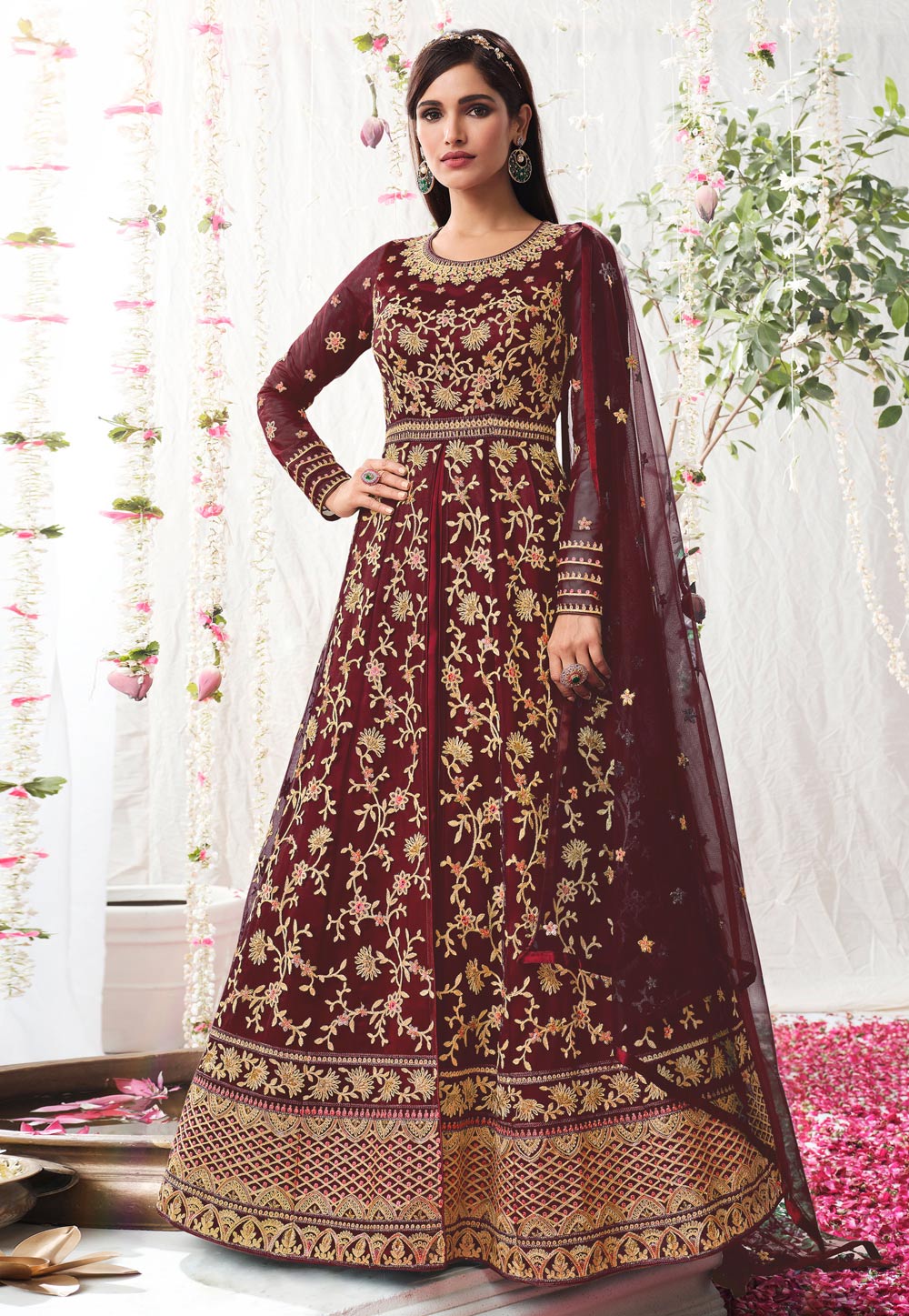 Maroon Net Abaya Style Anarkali Suit 248150