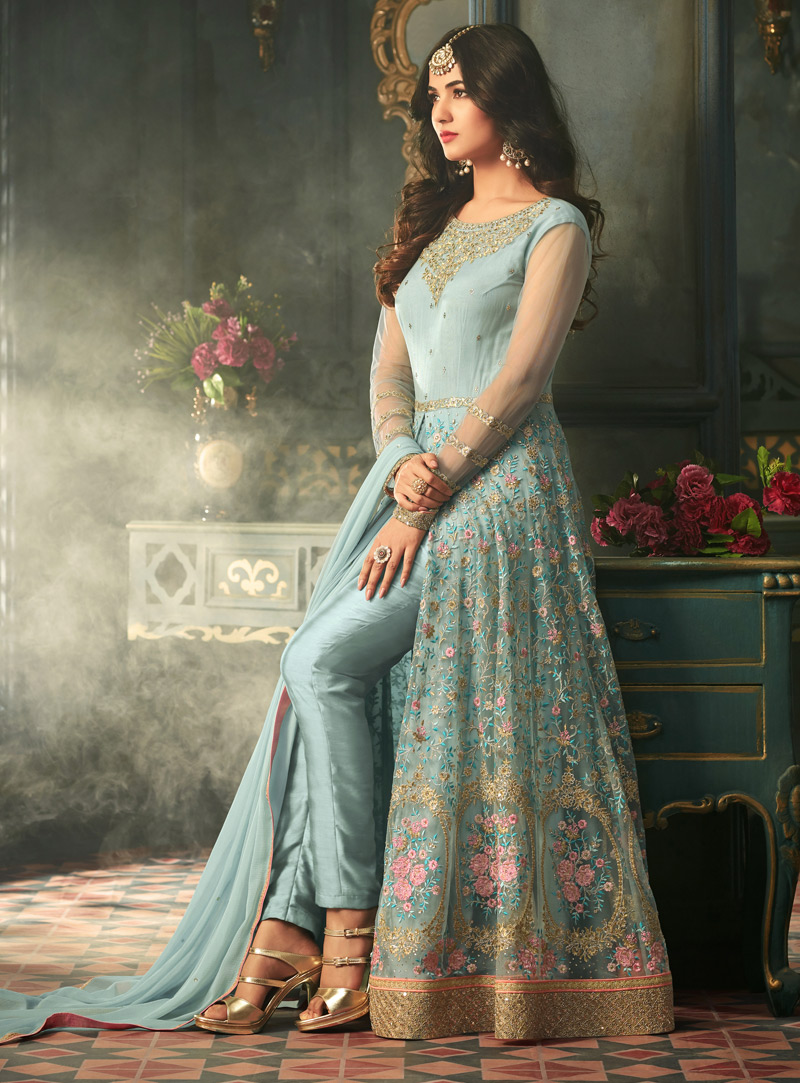 Sonal Chauhan Sky Blue Net Center Slit Anarkali Suit With Pant 121843
