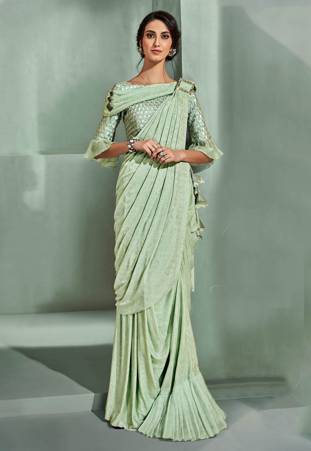 Pista Green Lycra Party Wear Saree With Frill Sleeve 170156