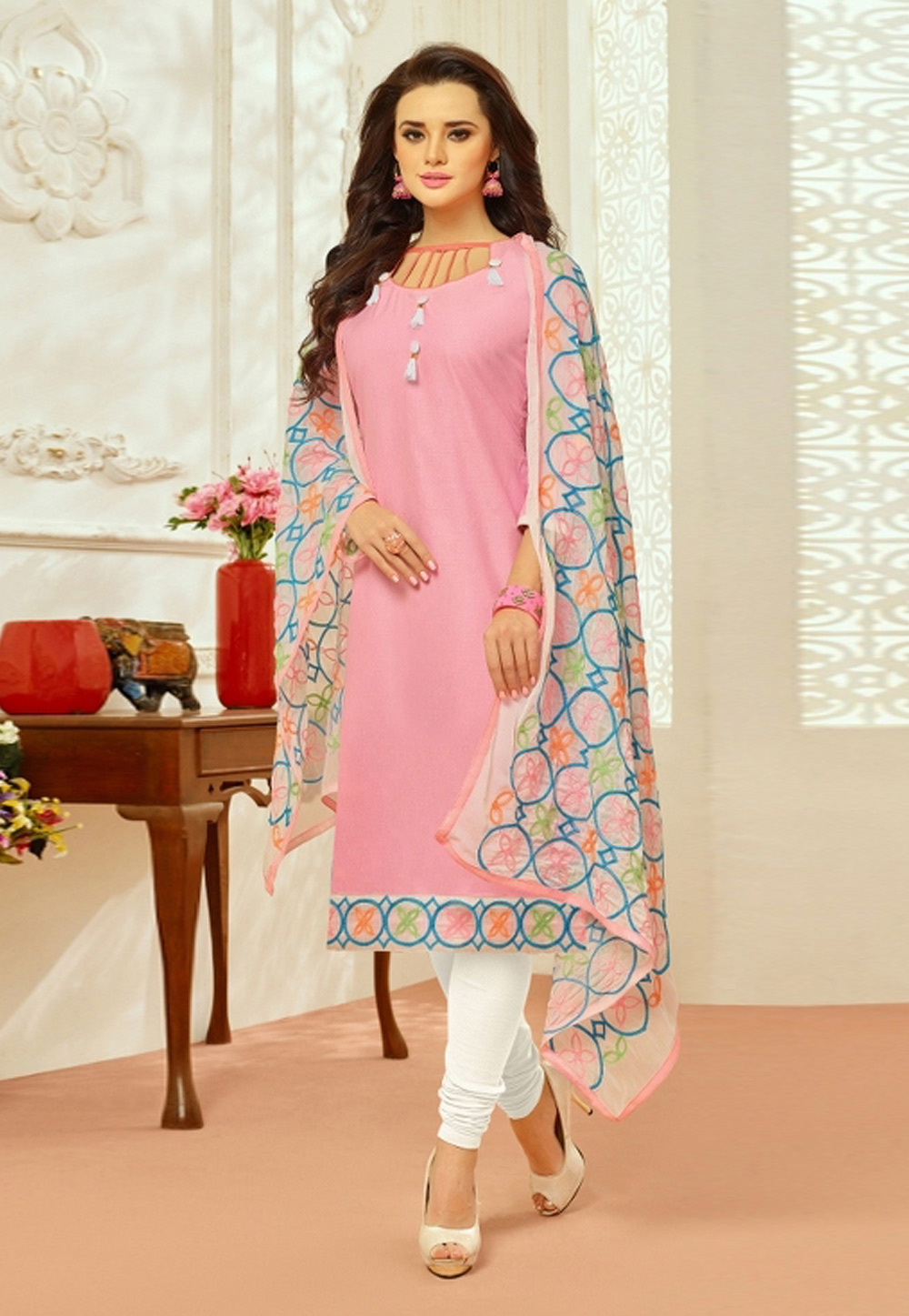 Light Pink Cambric Cotton Churidar Salwar Kameez 159859