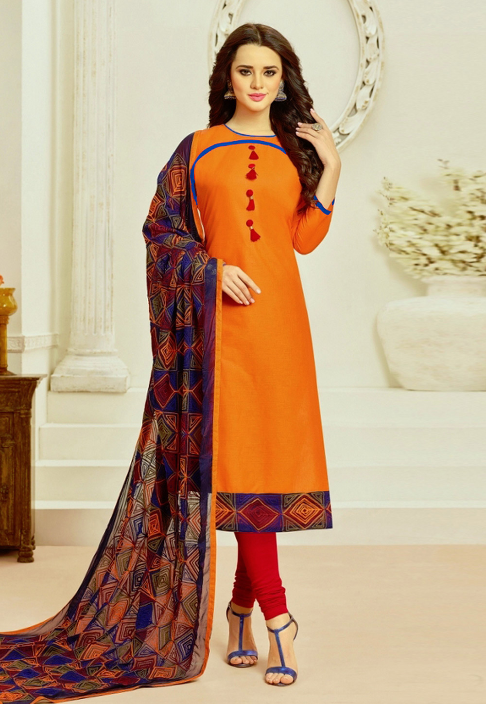 Orange Cambric Cotton Churidar Salwar Kameez 159861