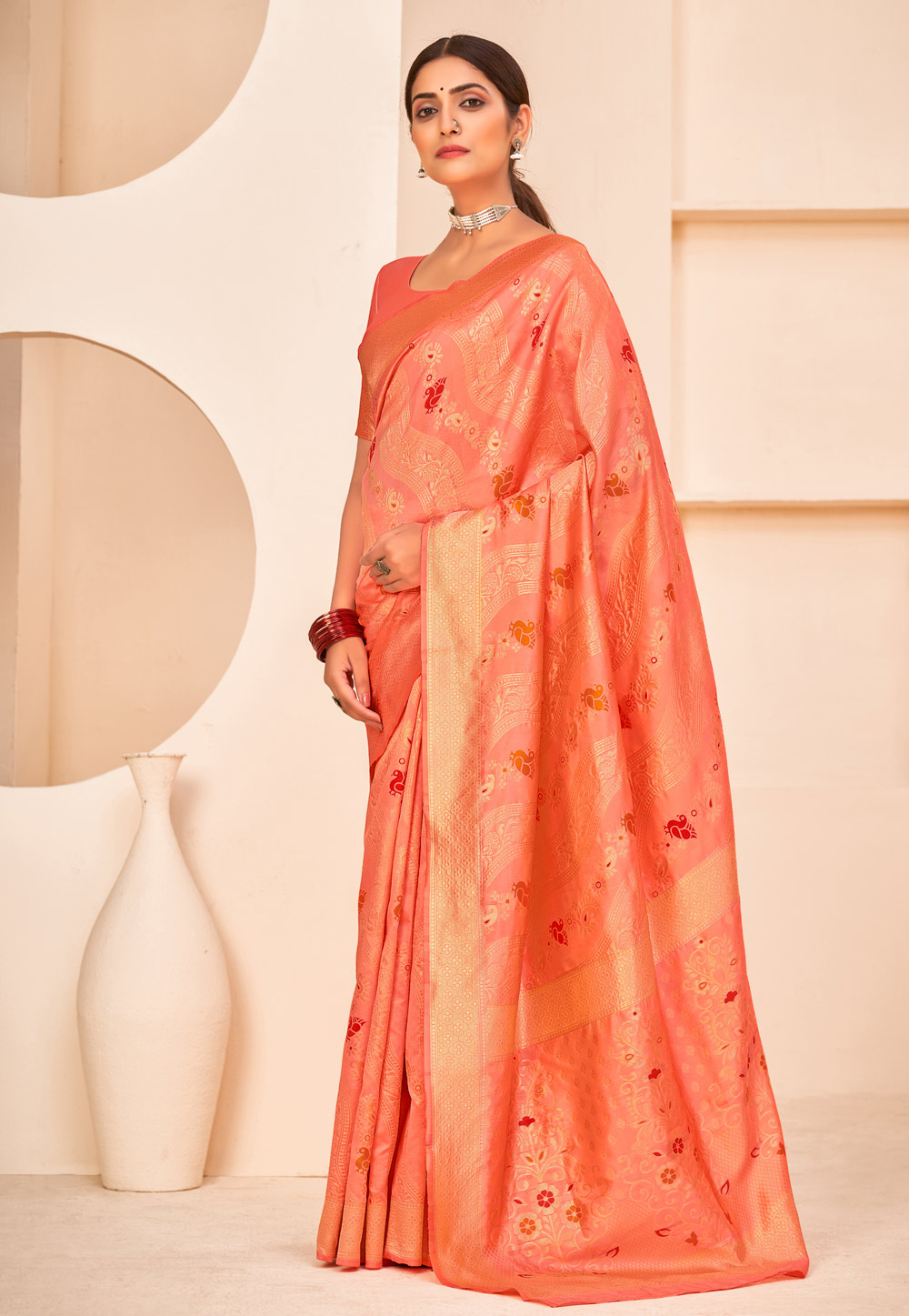 Peach Banarasi Silk Festival Wear Saree 232553