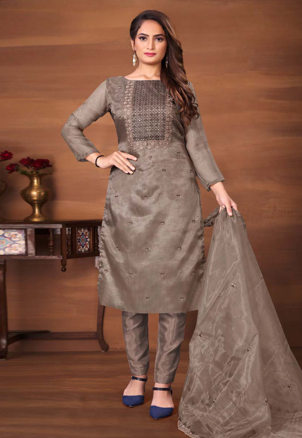 Grey Organza Pant Style Suit 248295