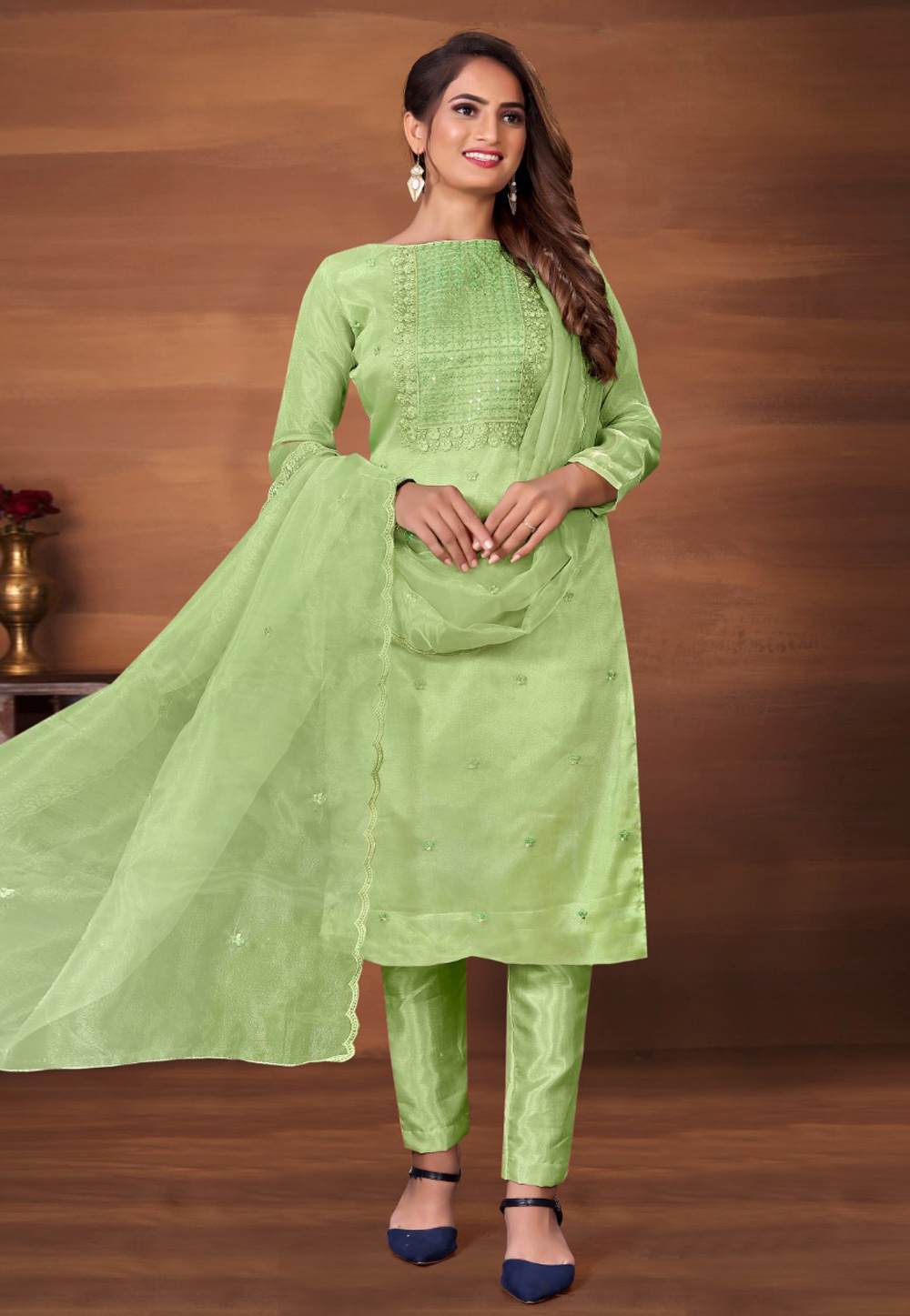 Light Green Organza Pant Style Suit 248297