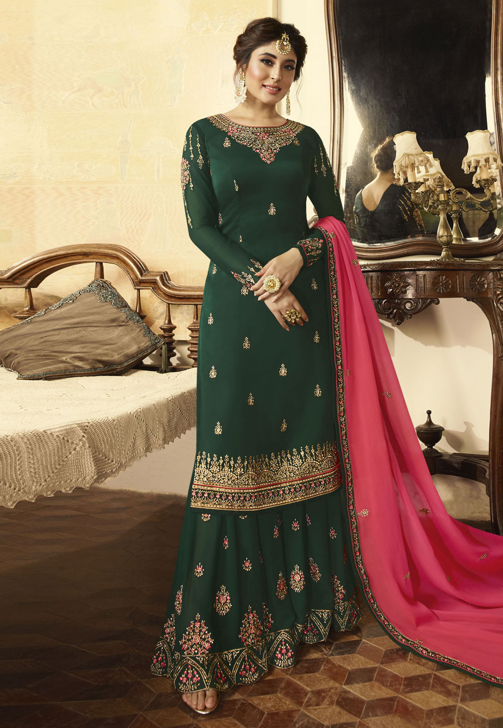 Kritika Kamra Green Satin Sharara Style Suit 160079