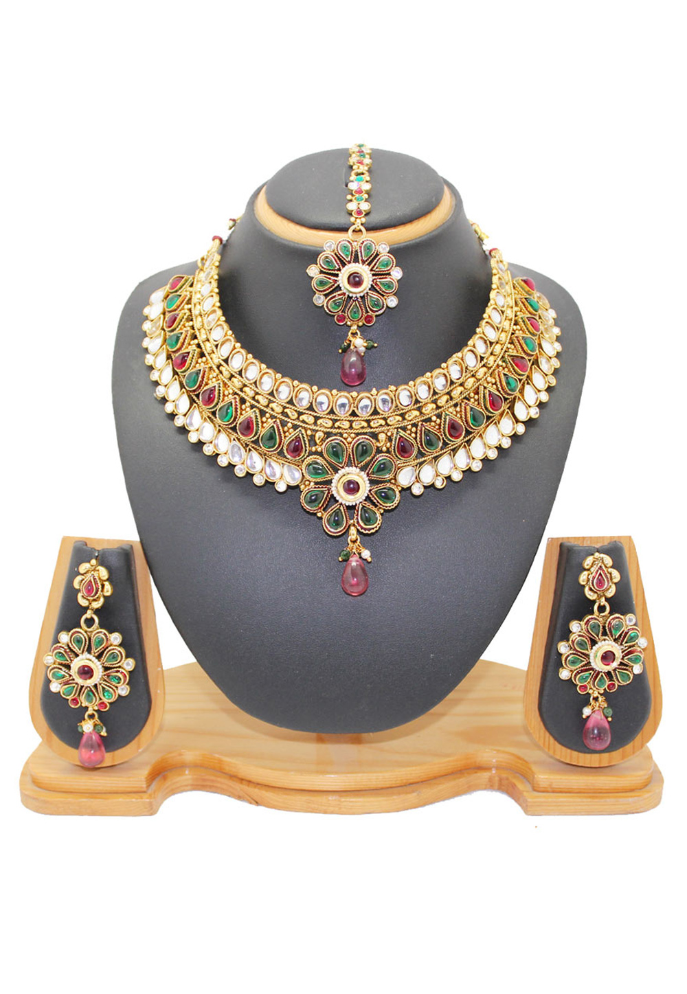 Maroon Copper Austrian Diamonds Necklace With Earrings and Maang Tikka 64385