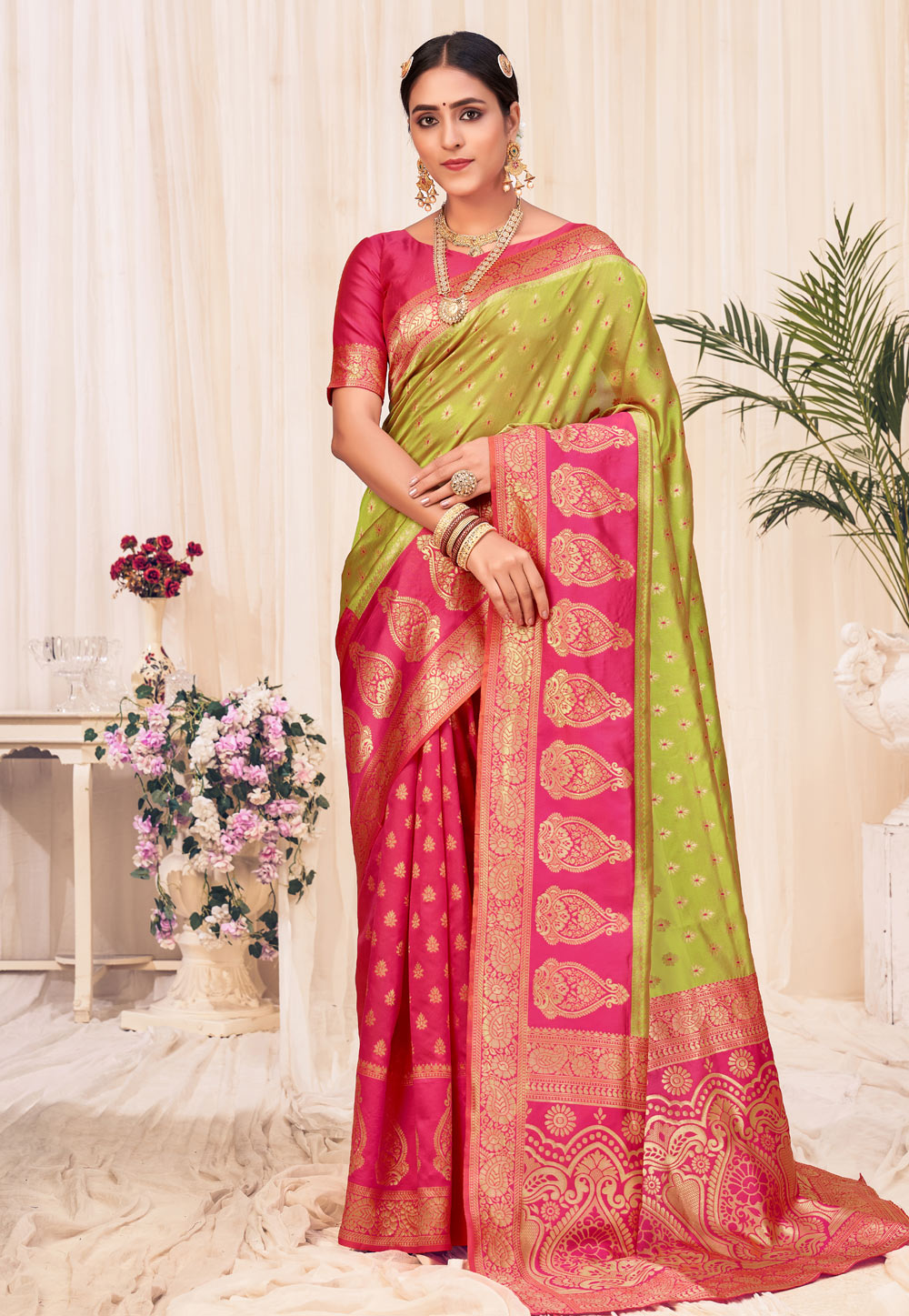 Pink Banarasi Silk Half N Half Saree 233308