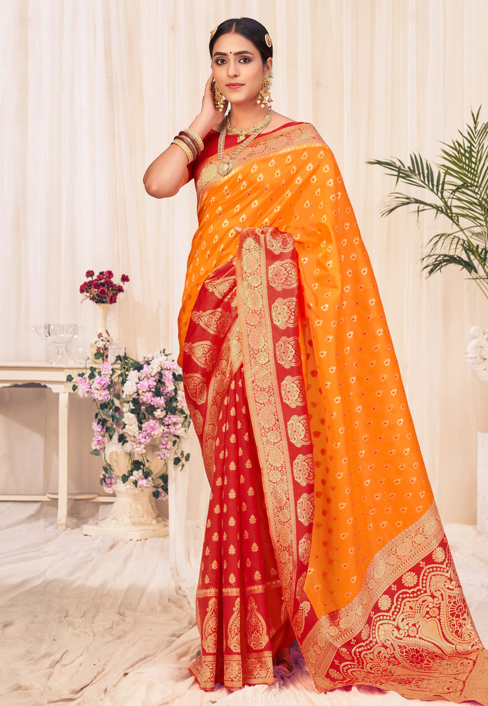 Orange Banarasi Silk Half N Half Saree 233309