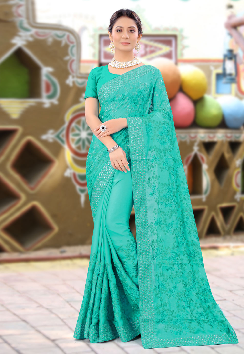 Turquoise Chinon Saree With Blouse 231800