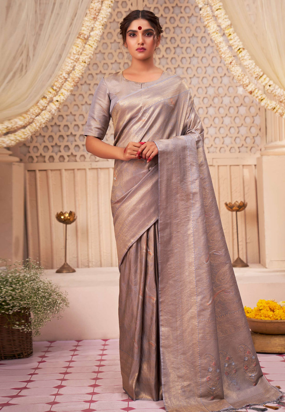 Grey Kanjivaram Silk Saree With Blouse 257614
