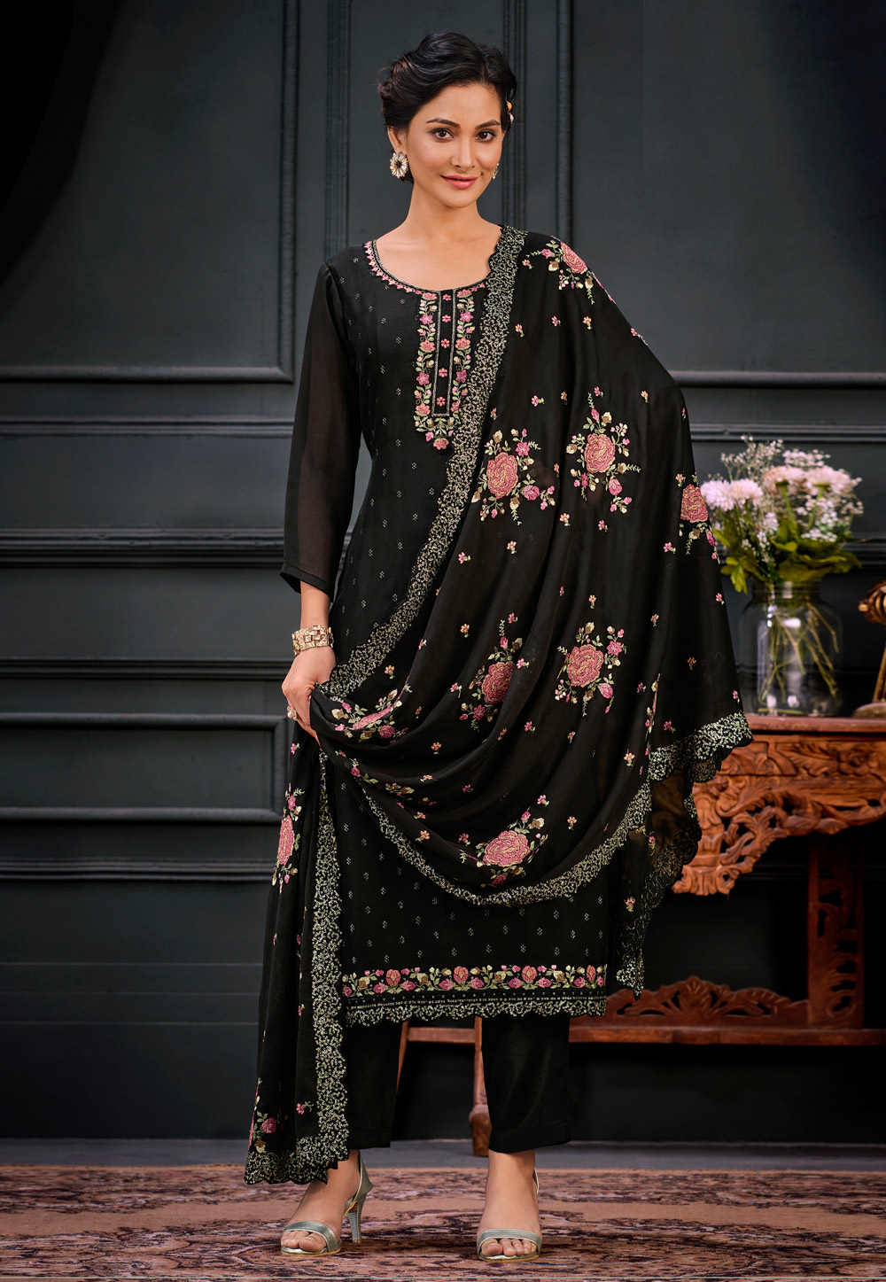Black Georgette Pant Style Suit 269855