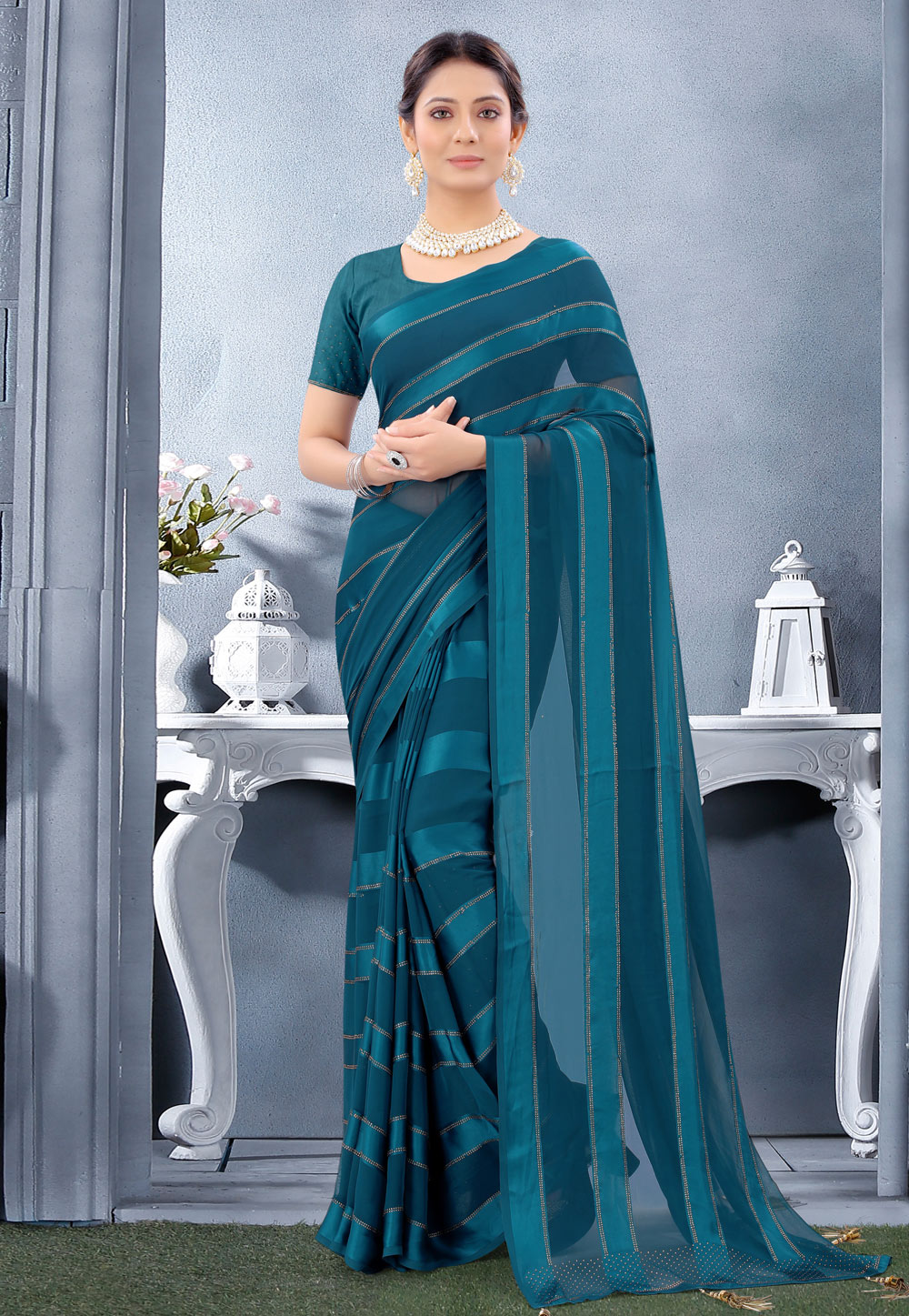 Teal Georgette Satin Saree With Blouse 231904