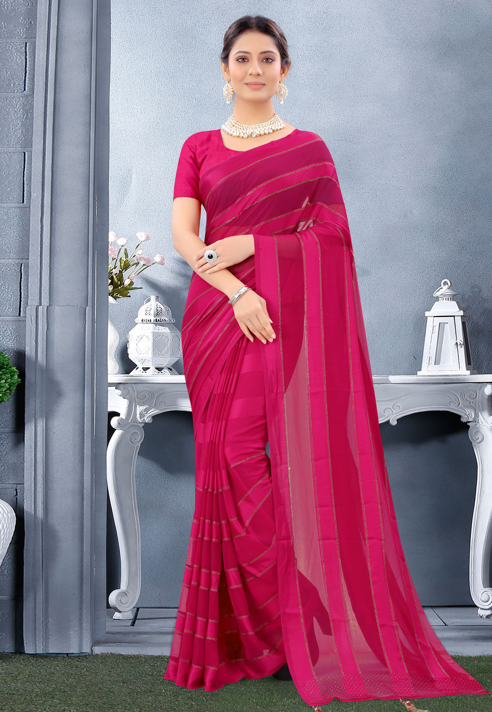Pink Georgette Satin Saree With Blouse 231906