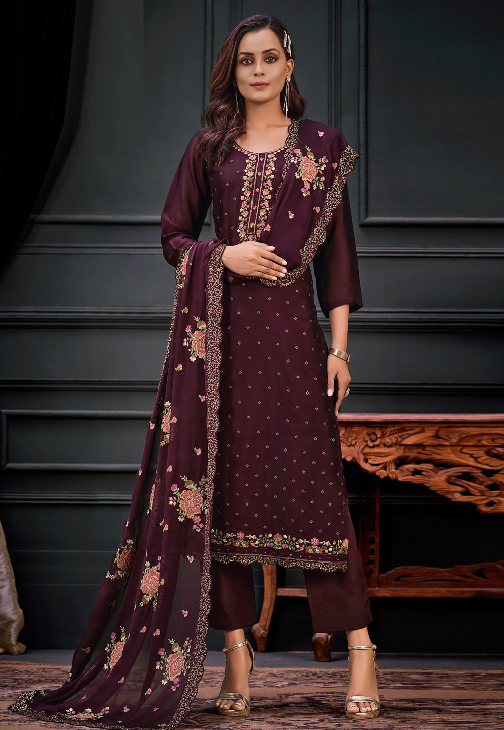 Wine Georgette Pant Style Suit 269859
