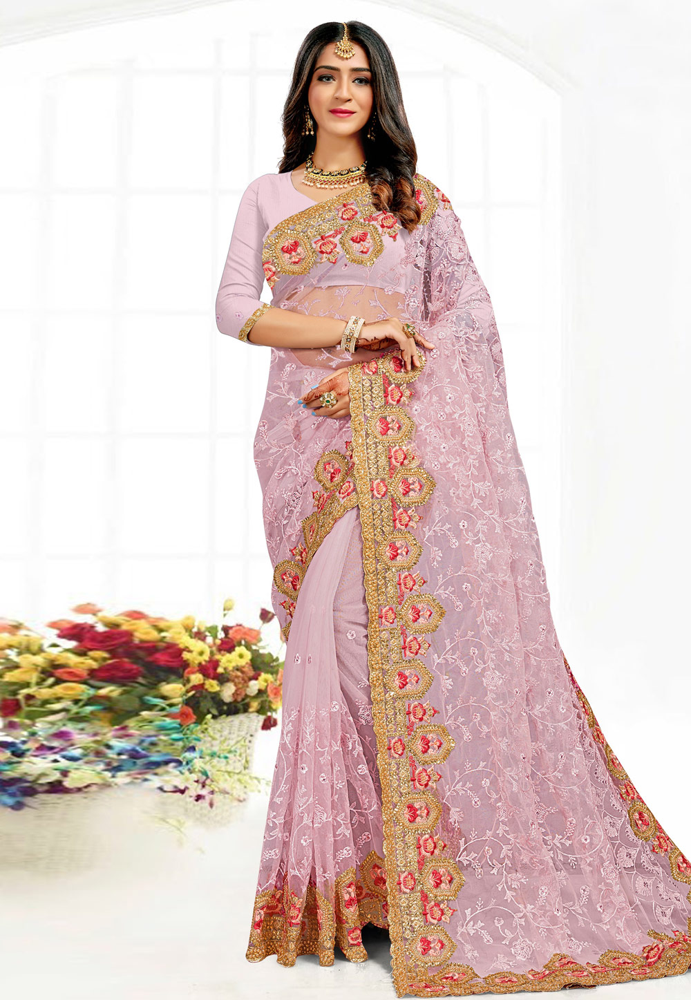 Pink Net Saree With Blouse 232866