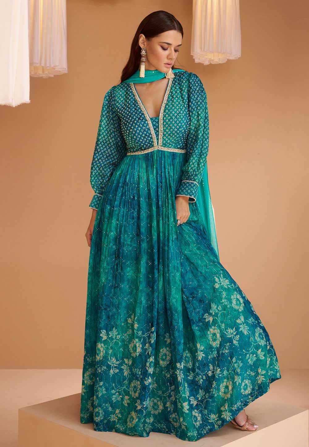 Teal Georgette Floral Print Anarkali Suit 275512