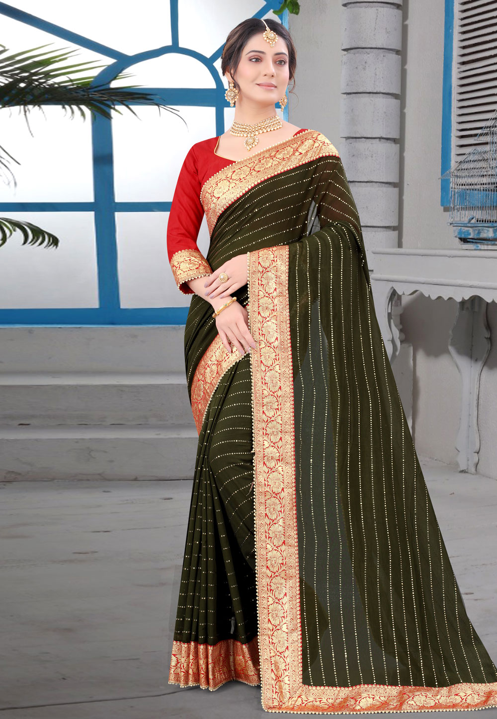 Mehndi Silk Saree With Blouse 233001