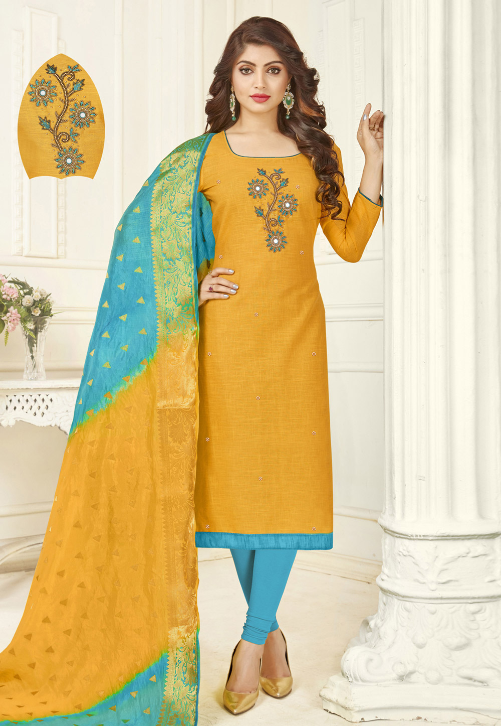 Yellow Cotton Churidar Suit 158727