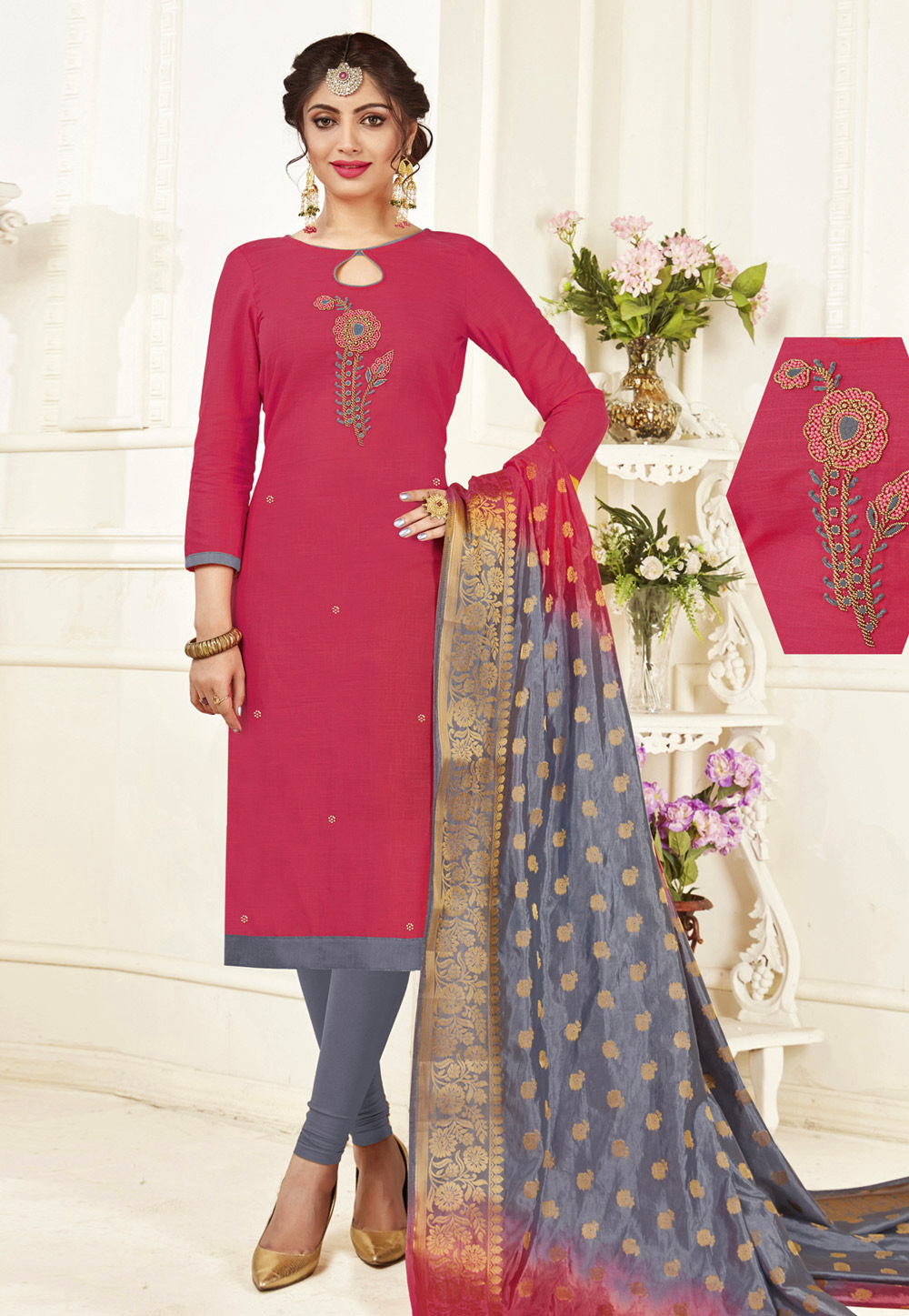 Pink Cotton Churidar Suit 158735