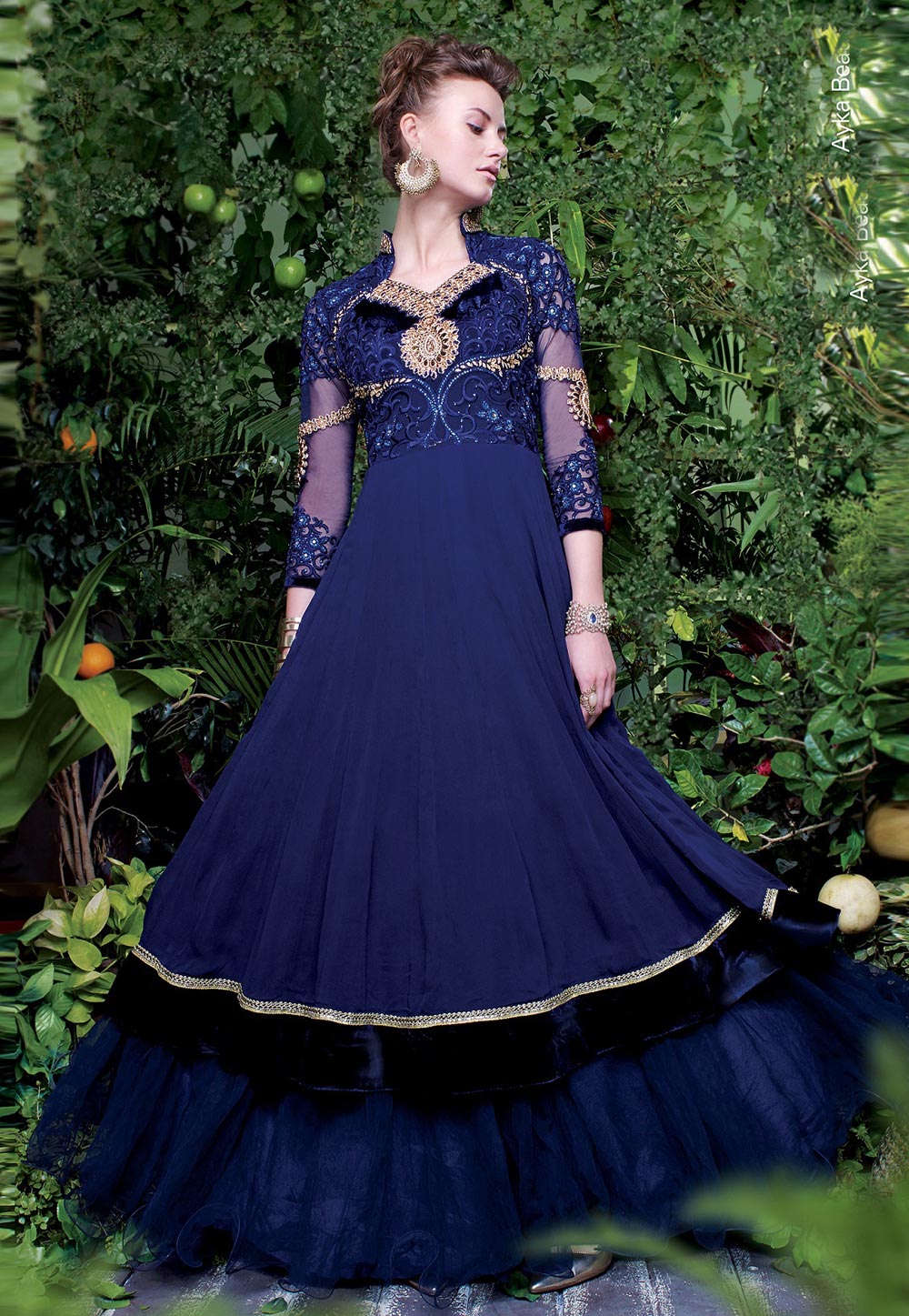 Navy Blue Georgette Double Layered Floor Length Gown 160617