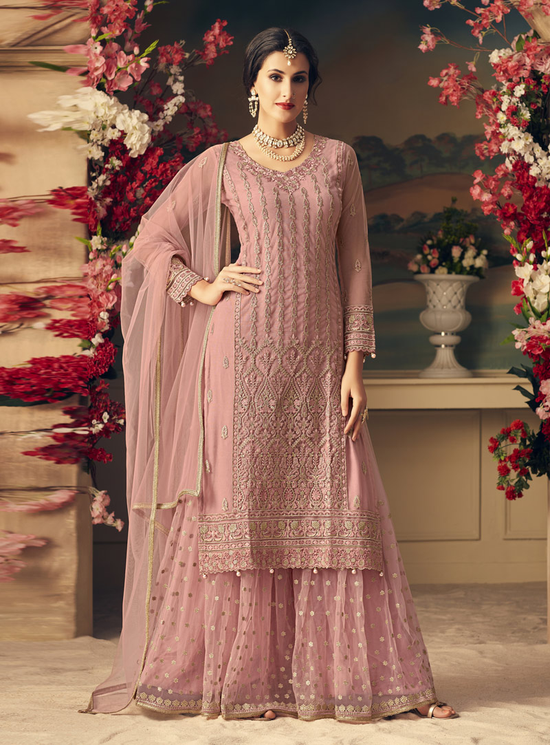 Pink Net Sharara Style Suit 144833