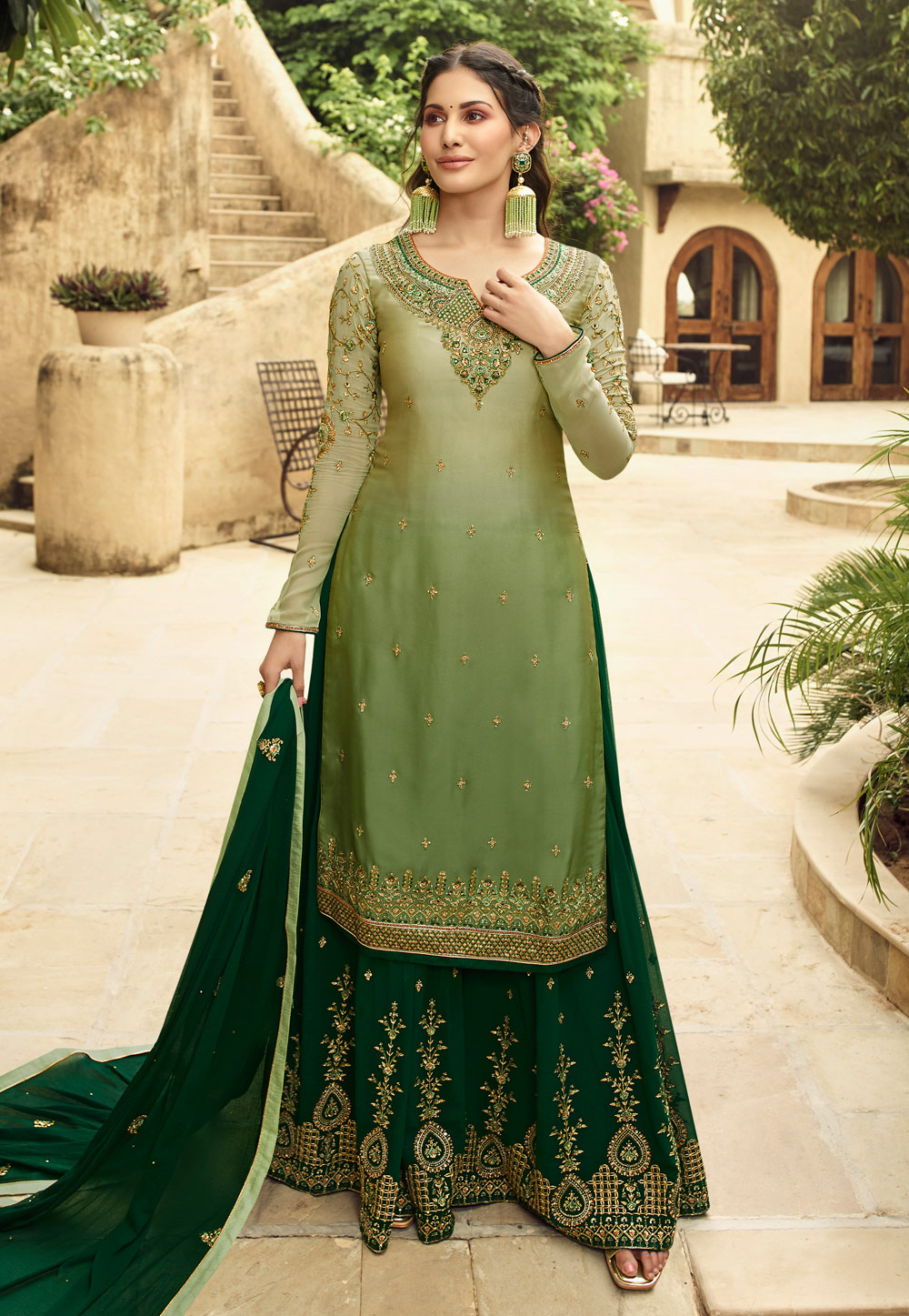 Light Green Satin Embroidered Kameez With Palazzo 195121