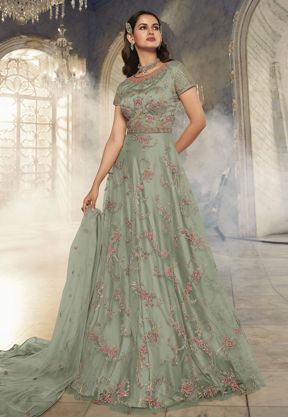 Latest Fashion Zari Embroidered Net Light Green Eid Anarkali Suit LSTV111027