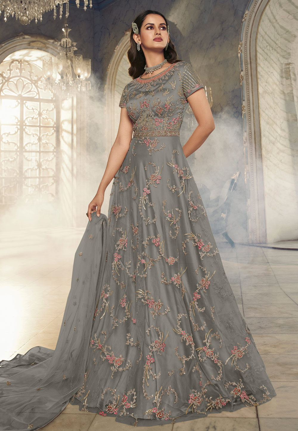 Grey Net Abaya Style Anarkali Suit 257170