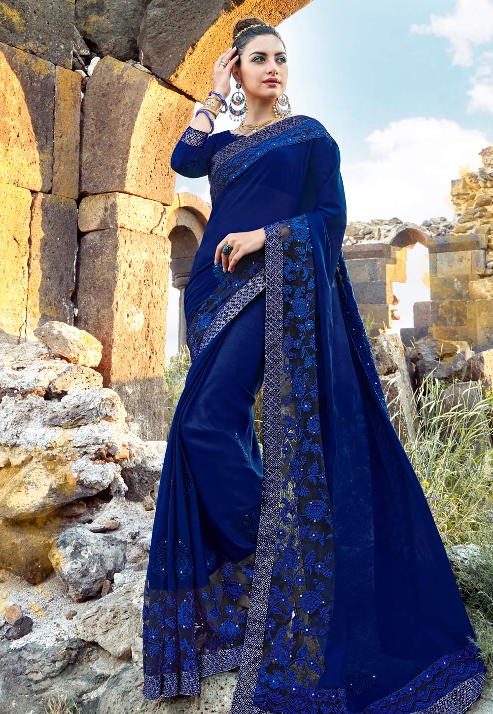Blue Georgette Embroidered Saree With Blouse 165634
