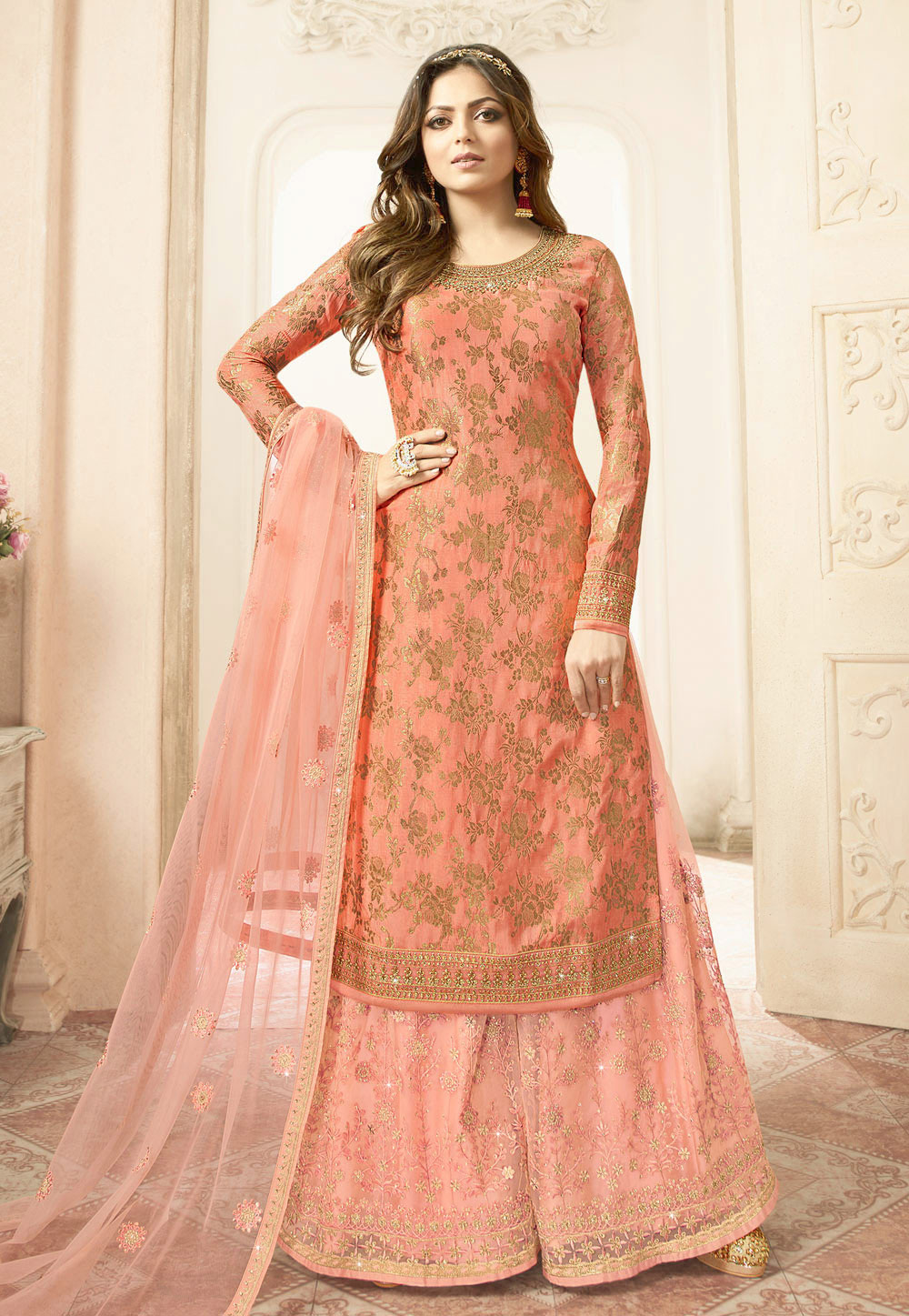 Drashti Dhami Peach Jacquard Bollywood Suit 200950