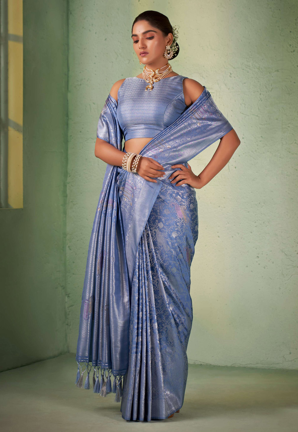 Light Blue Kanjivaram Silk Saree With Blouse 256938