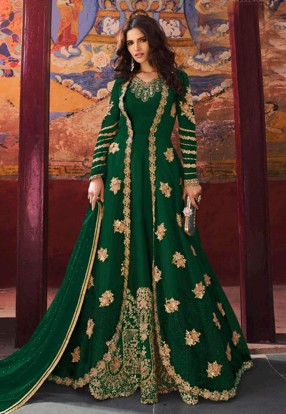 Green Silk Embroidered Jacket Style Anarkali Suit 192568