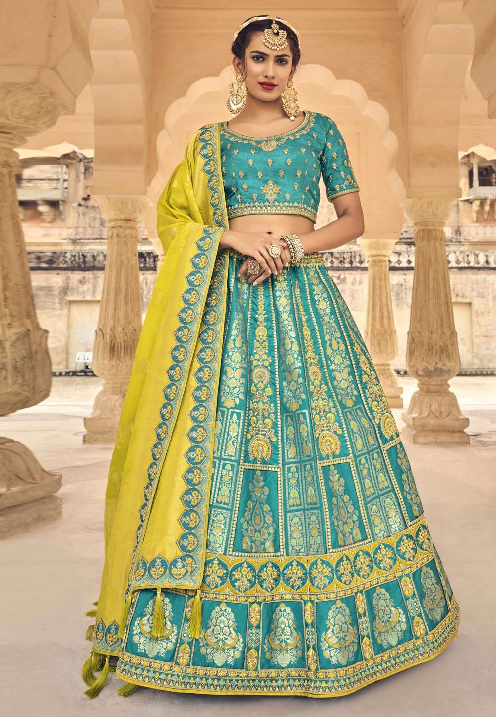 Turquoise Banarasi Silk Circular Lehenga Choli 251926