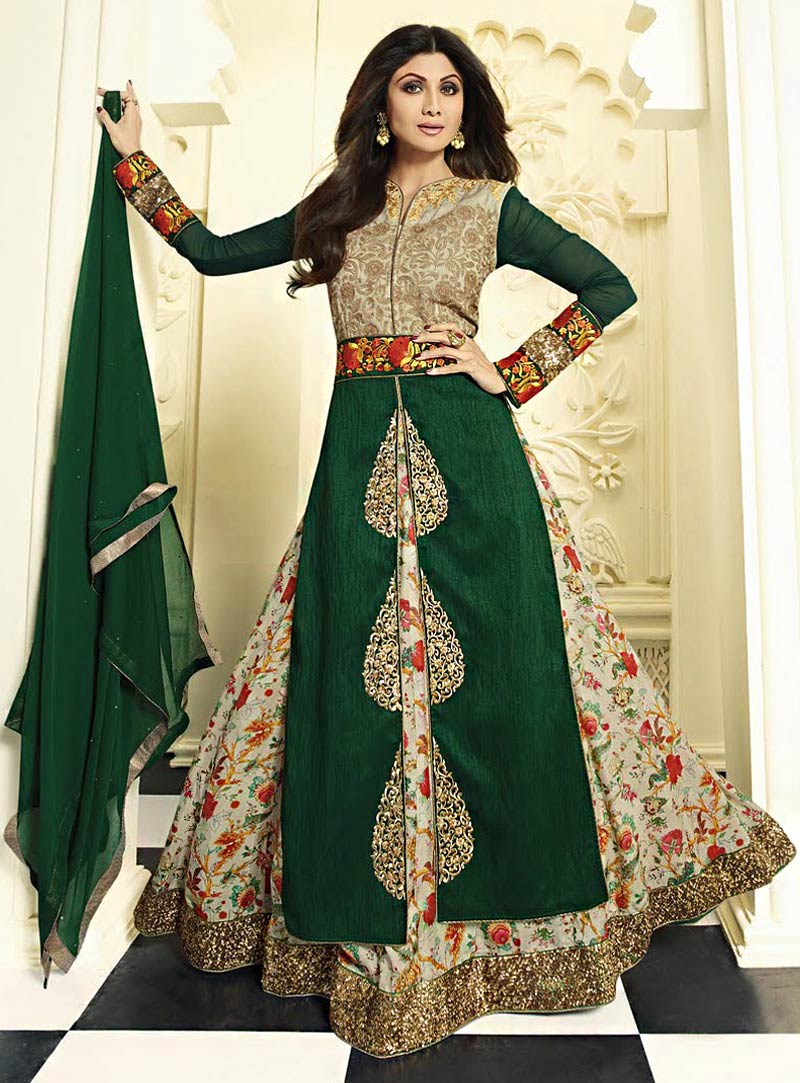 Shilpa Shetty Green Raw Silk Indo Western Anarkali Suit 70821