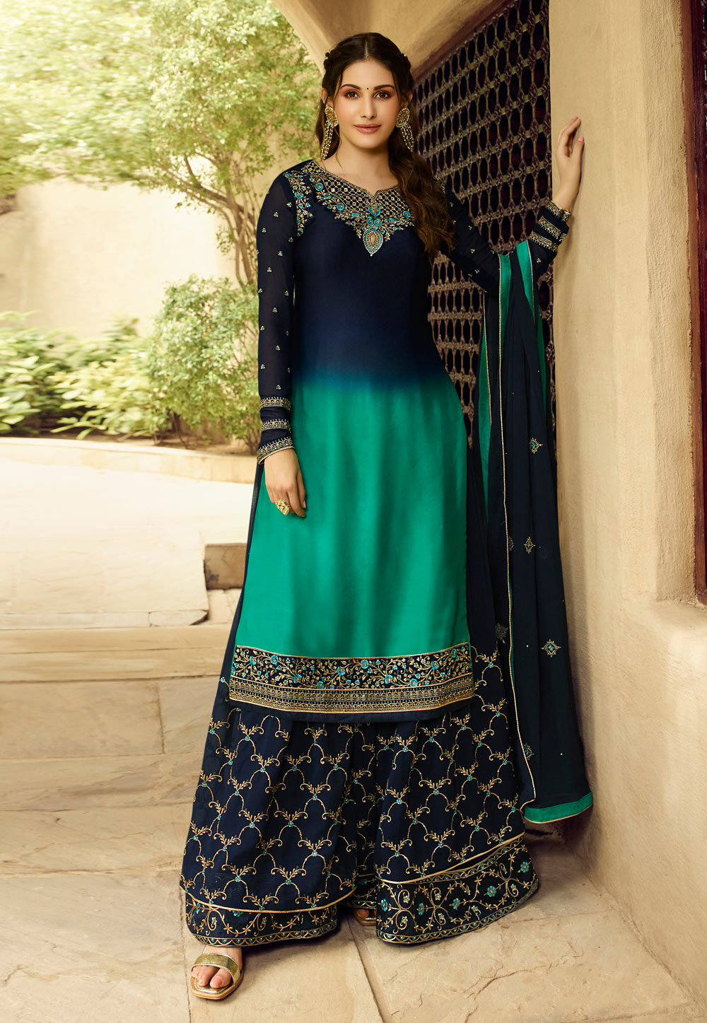 Navy Blue Satin Embroidered Kameez With Palazzo 195123